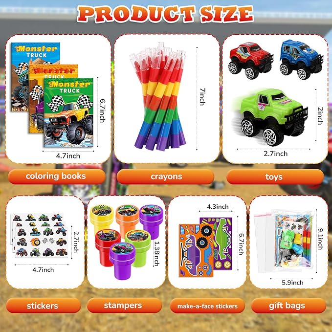 BenLouis 84Pcs Monster Truck Party Favors Truck Car Theme Coloring Books Crayons Sticker Set Bulk for Kids Racing Wheels Birthday Decor Goodie Bag Stuffer Classroom Rewards Craft Pinata Supplies