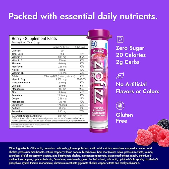 Zipfizz Daily Energy Drink Powder, Berry, 12 Pack | 3-in-1 Sustained Energy, Rapid Hydration, and Essential Vitamins | Sugar-Free | Electrolyte Powder | Contains Vitamin B-12 & Antioxidants