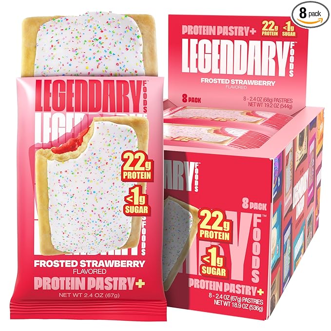 Legendary Foods 22g Protein Pastry+ Premium Low Carb Meal Replacement Bar - Low Glycemic, Gluten Free Protien Snacks - Healthy Keto Snack Box, 8x Zero Sugar Energy Bars - Bariatric Diabetic Friendly