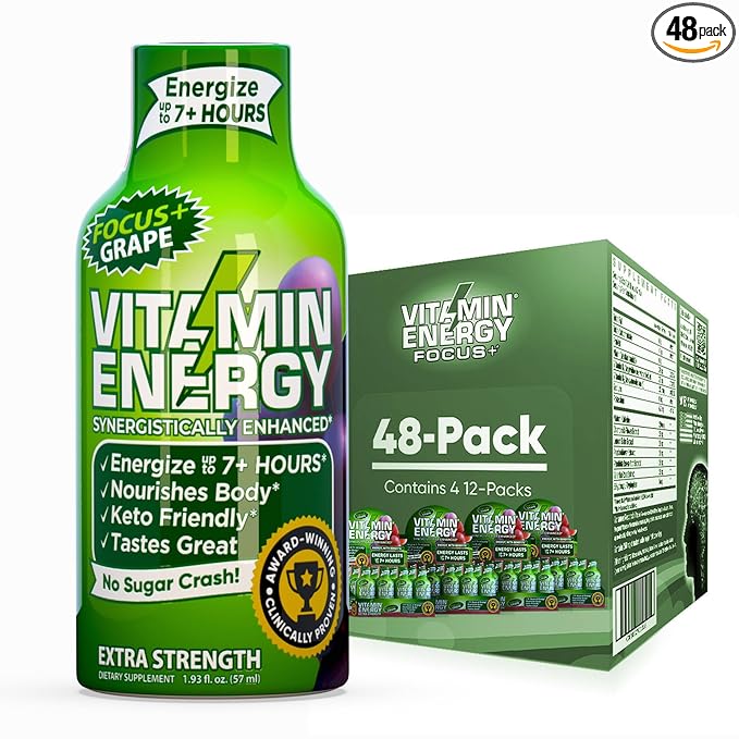 Vitamin Energy Focus+ Extra Strength Daily Energy Shot – Grape – 260mg Natural Caffeine, 100% DV B-Vitamins – Focus & Productivity Support – Zero Sugar, Vegan, Kosher – 1.93 fl oz, 48-Pack