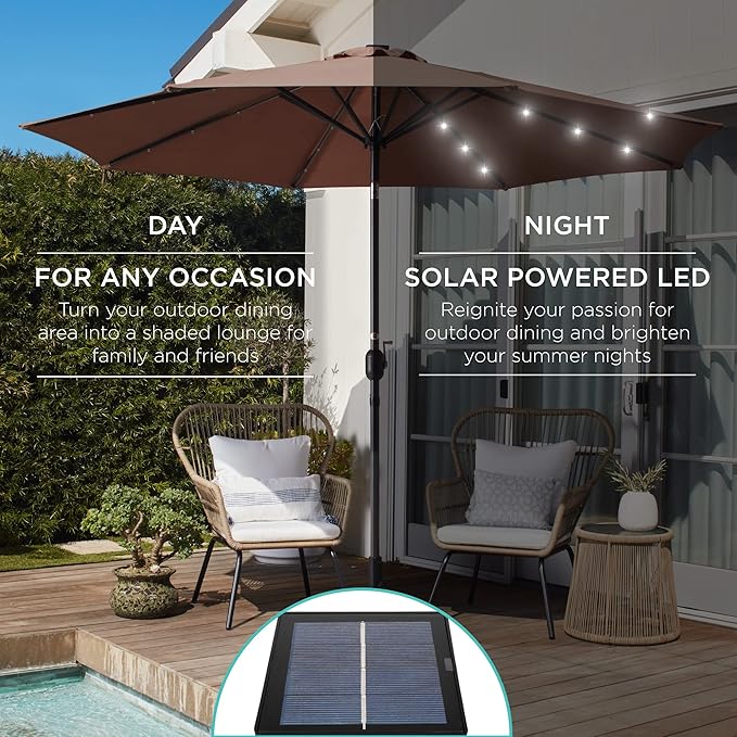Best Choice Products 10ft Solar Polyester LED Lighted Patio Umbrella w/Tilt Adjustment and UV-Resistant Fabric - Brown
