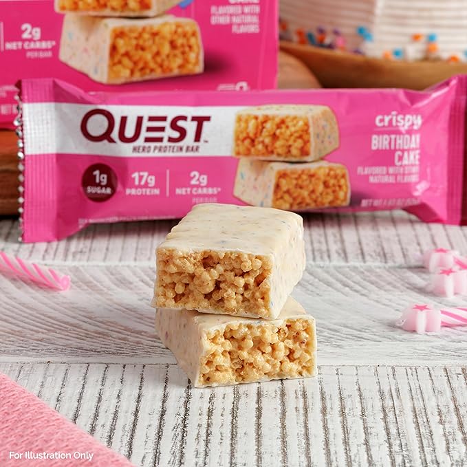 Quest Nutrition Crispy Birthday Cake Hero Protein Bar, 17g Protein, 1g Sugar, 2g Net Carbs, Gluten Free Protein Snack, Keto Friendly, 4 Count