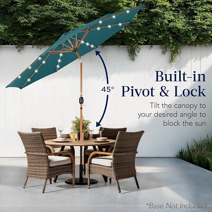 Best Choice Products 10ft Solar Market Patio Umbrella w/Woodgrain Pattern Pole, LED Lights, Tilt & Crank – Outdoor Sun Shade for Backyard Table, Deck, Poolside – Cerulean