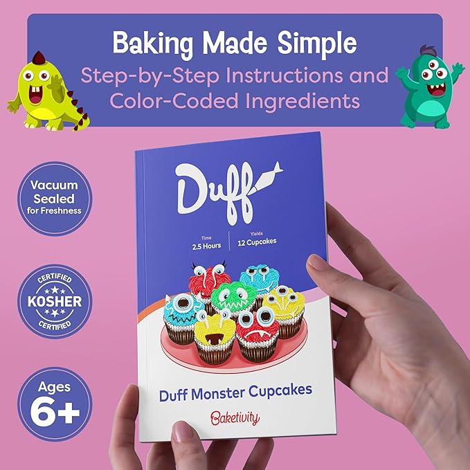 Baketivity x Duff Goldman Monster Cupcakes Kit - Cooking Set with Premeasured Ingredients, Decorating Supplies, STEM Activities - Perfect for Girls and Boys