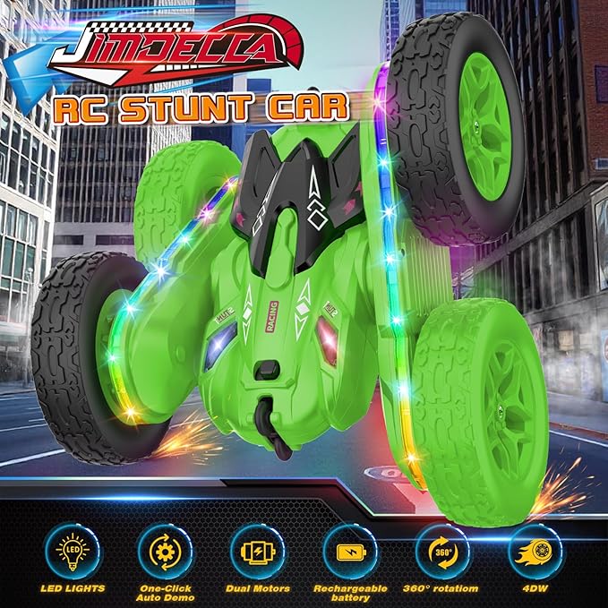 Remote Control Car,RC Cars with sides light strip and Headlights,Double Sided 360 Flips Rotating RC Stunt Car,2.4Ghz All Terrain Toys for Ages 4-6 Kids Toy for Boys Girls Birthday Gift(Green)