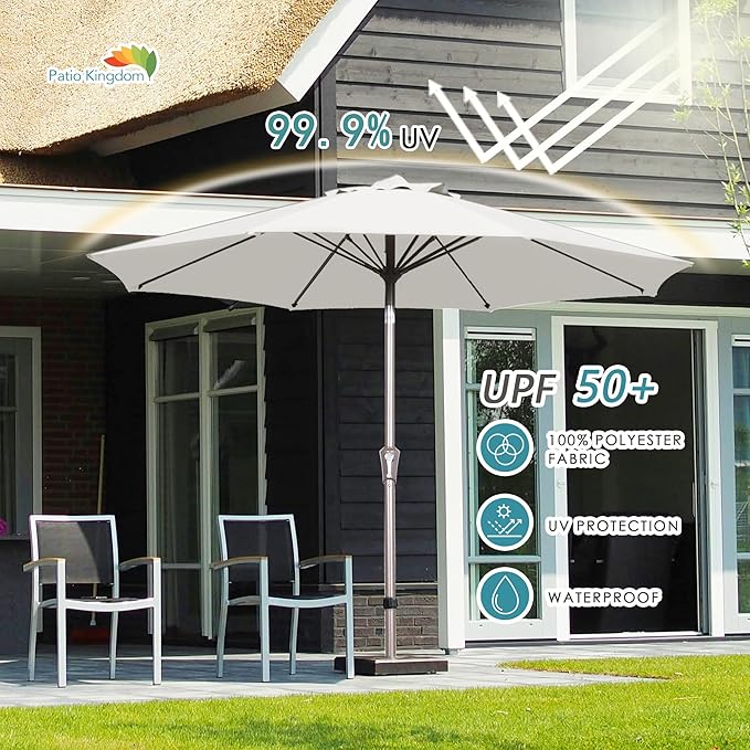 PatioKingdom 9FT Patio Outdoor Umbrella-UPF 50+ Sun Shade with Wind Vent, Push-Button Tilt & Smooth Crank Lift, Rust-Resistant Fiberglass Frame for Garden, Backyard,Yard