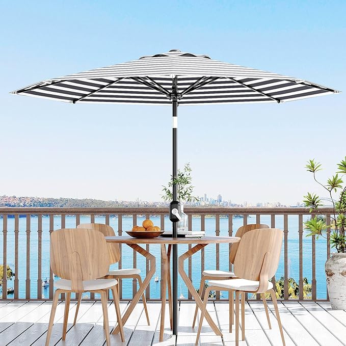 9Ft Patio Umbrella - 8 Sturdy Ribs Outdoor Table Umbrella with Crank Lift & Push Button Tilt - Market Umbrella for Pool, Deck, Yard, Garden - Black & White Stripe