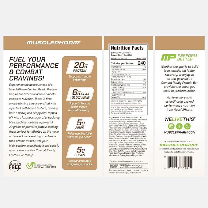 MusclePharm Combat Ready Chocolate Chip Cookie Dough Protein Bar, High Protein Bars, Combat Cravings, Fuel Performance & Meet Energy Demands, 20g Protein from Whey Protein, 5g Fiber, Gluten Free, 4 Bars
