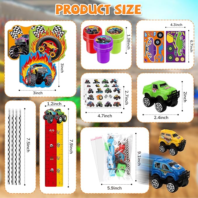 BenLouis 192Pcs Monster Truck Party Favors Truck Car Birthday Stampers Stickers School Stationery Set Bulk for Kids wheels party Race Car Themed Party Goodie Bag Stuffers Pinata Filler Supplies