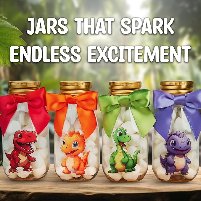 Small 12 Pack Dinosaur Party Favors - DIY Candy Jars with Ribbons and Stickers - Party Decoration Bottles for Birthday, Baby Shower and School Classroom - Dinosaur Table Centerpiece for Kids