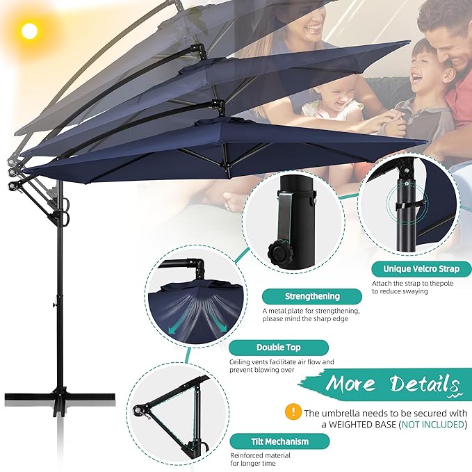 Shintenchi Patio Offset Umbrella with Easy Tilt Adjustment, Crank and Cross Base, Outdoor Cantilever Hanging Umbrella, Sunshade Canopy, Navy Blue