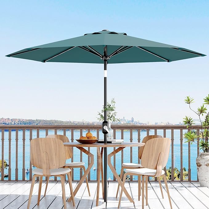 10Ft Patio Umbrella - 8 Sturdy Ribs Outdoor Table Umbrella with Crank Lift & Push Button Tilt - Market Umbrella for Pool, Deck, Yard, Garden - Turquoise