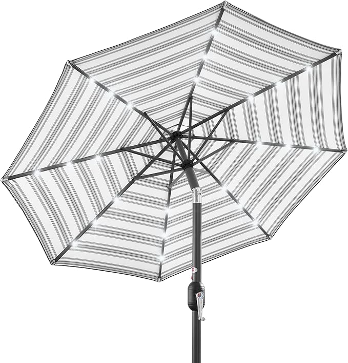 Best Choice Products 10ft Solar Polyester LED Lighted Patio Umbrella w/Tilt Adjustment and UV-Resistant Fabric - Striped Gray