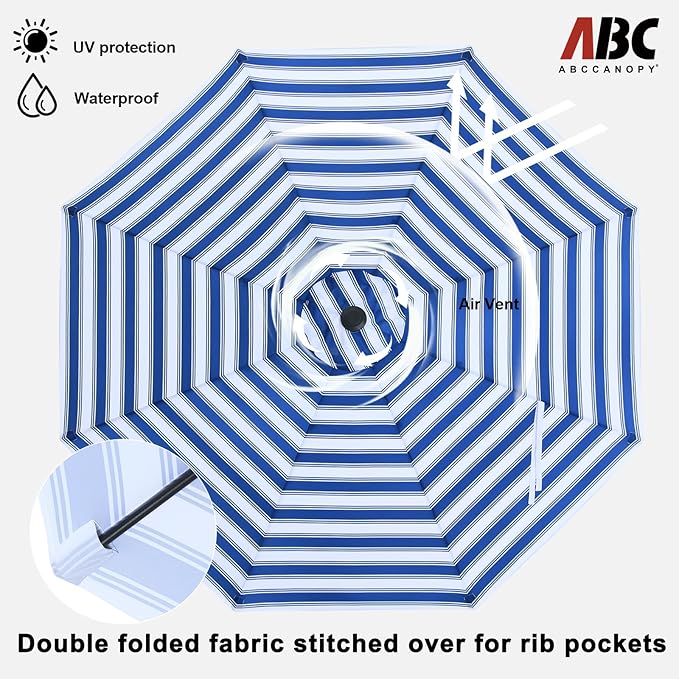 ABCCANOPY 9FT Outdoor Patio Umbrella, 8 Ribs Table Umbrella w/Crank for Easy Set Up, Suitable for Garden, Lawn, Deck & Backyard (Blue White Stripes)
