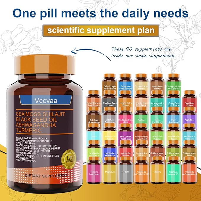25-in-1 Sea Moss Capsules – Irish Sea Moss Black Seed Oil Ashwagandha Shilajit Ginger Turmeric Vitamin C & D3 Immune Gut, Energy Support – 120 Vegan Capsules