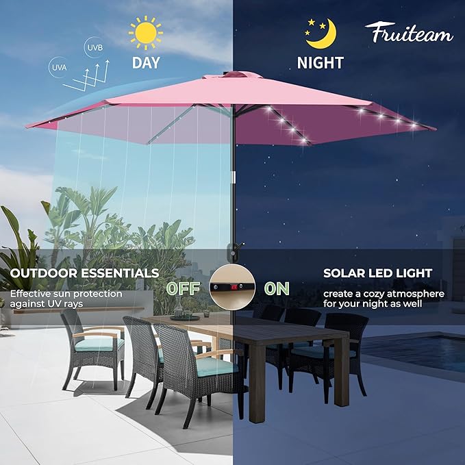 FRUITEAM Solar Lights Patio Umbrella, 7.5FT Heavy Duty Outdoor Umbrella with High-Strength Frame & LED Lights, All-Weather UV Protection Sun Shade for Poolside, Garden, Backyard (Pink)