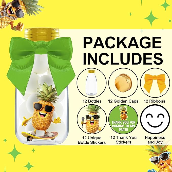 Small 12 Pack Pineapple Party Favors - DIY Candy Jars with Ribbons and Stickers - Pina Colada Party Decoration Bottles for Birthday, Hawaiian Luau, and Baby Shower - Gold Tropical Centerpieces