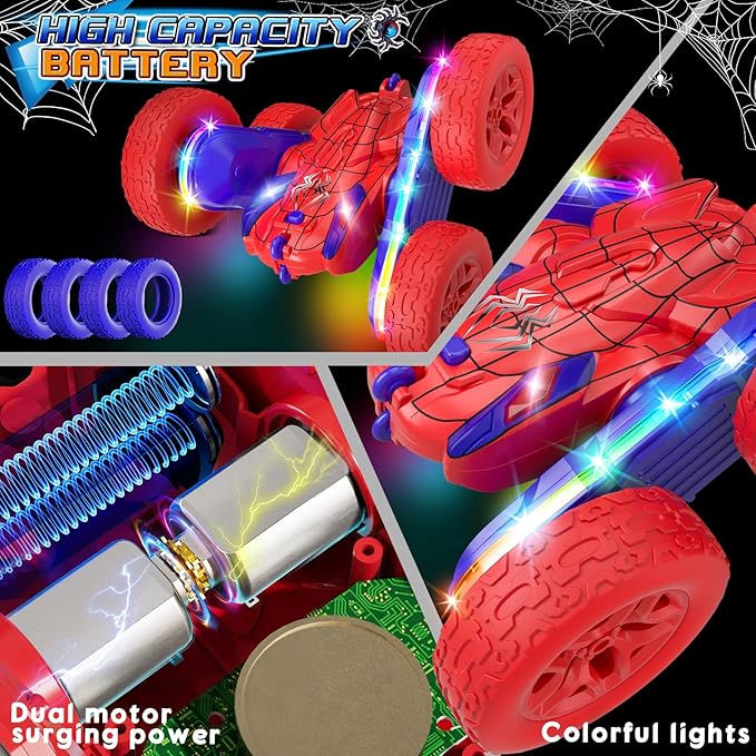 Spider Remote Control Car,RC Cars with Sides Light Strip and Headlights,Double Sided 360 Flips Rotating RC Stunt Car,2.4Ghz All Terrain Toys for Ages 5-7 Kids Toy for Boys Girls Birthday Gift