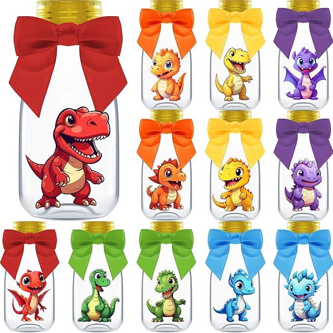 Small 12 Pack Dinosaur Party Favors - DIY Candy Jars with Ribbons and Stickers - Party Decoration Bottles for Birthday, Baby Shower and School Classroom - Dinosaur Table Centerpiece for Kids