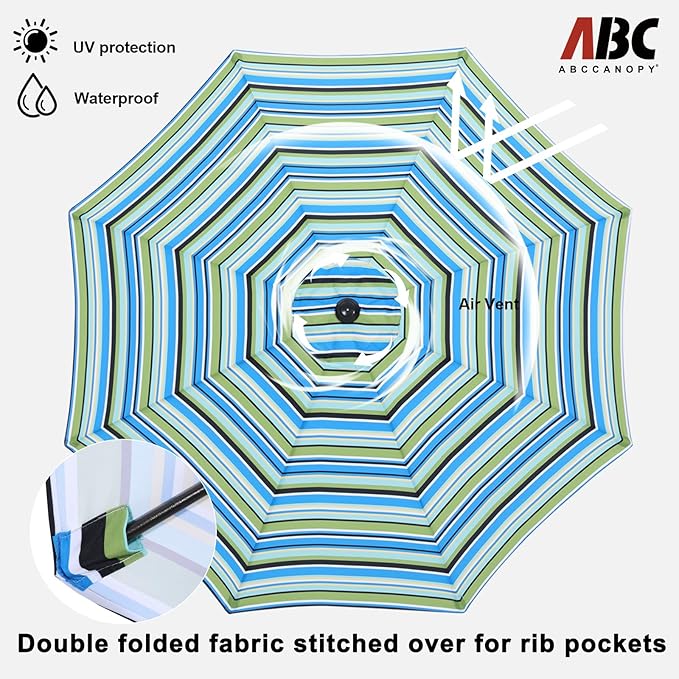 ABCCANOPY 9FT Patio Umbrella - Outdoor Waterproof Table Umbrella with Push Button Tilt and Crank, 8 Ribs UV Protection Pool Umbrella for Garden, Lawn, Deck & Backyard (Blue Green Stripes)