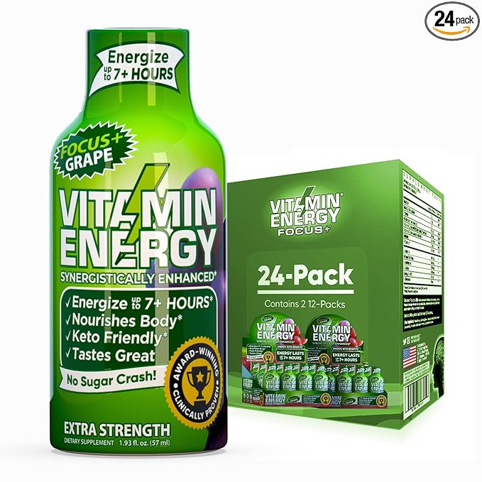 Vitamin Energy Focus+ Extra Strength Daily Energy Shot – Grape – 260mg Natural Caffeine, 100% DV B-Vitamins – Focus & Productivity Support – Zero Sugar, Vegan, Kosher – 1.93 fl oz, 24-Pack