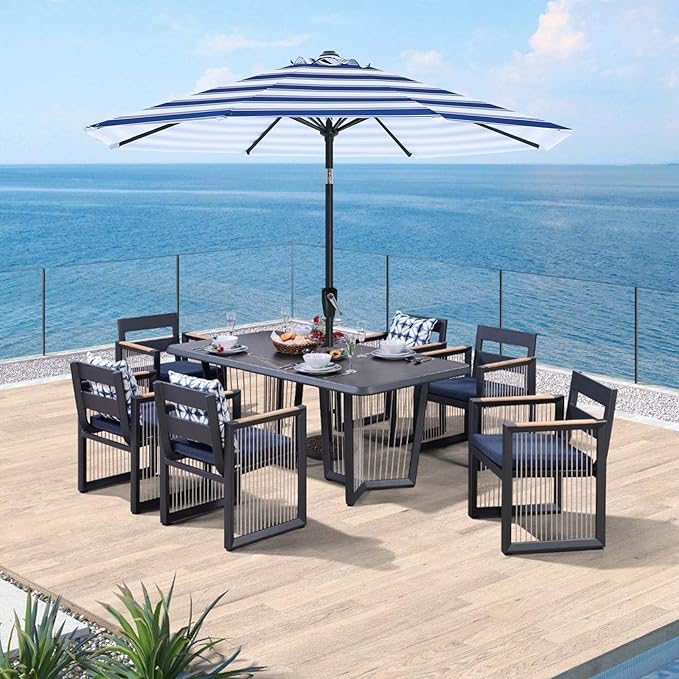 ABCCANOPY 9FT Outdoor Patio Umbrella, 8 Ribs Table Umbrella w/Crank for Easy Set Up, Suitable for Garden, Lawn, Deck & Backyard (Blue White Stripes)
