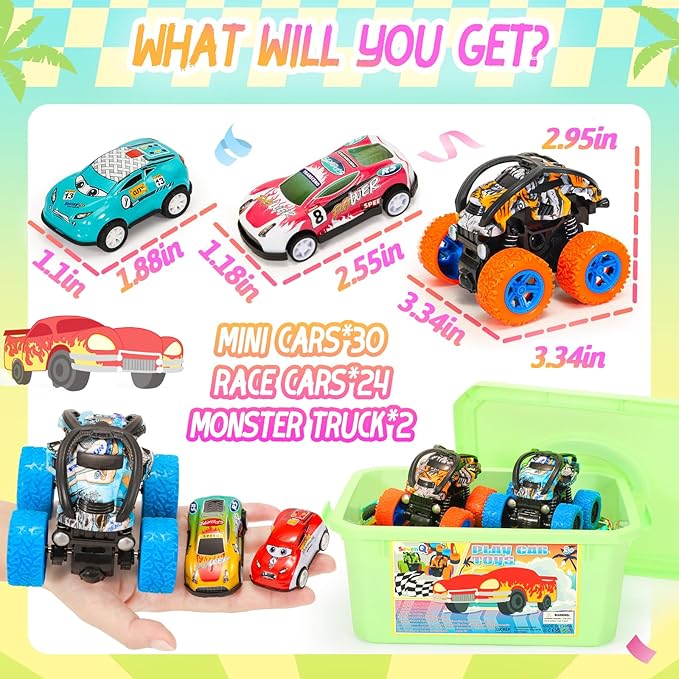 Toy Cars for Kids Ages 4-8, 56Pcs Monster Truck Toys Pull Back Cars with Storage Box, Race Cars Party Favors for Toddler Toys Pinata Goodie Bag Stuffers Christmas Treasure Box Classroom Prizes