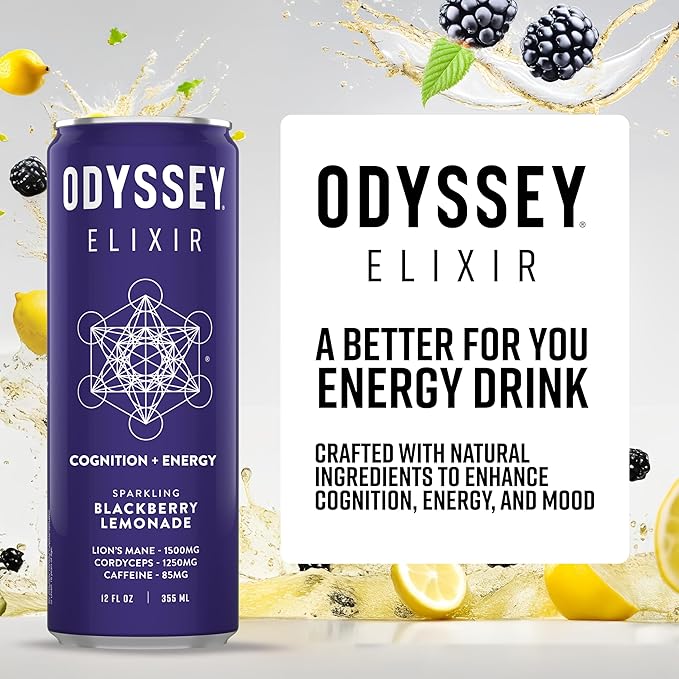 Odyssey Elixir Cognition + Sustainable Energy - Lion's Mane, Cordyceps, L Theanine, Ginseng & 85mg Green Tea Caffeine - 0 Added Sugar - No Jitters or Crash - Blackberry Lemonade - 12 Fl oz, 12 Pack
