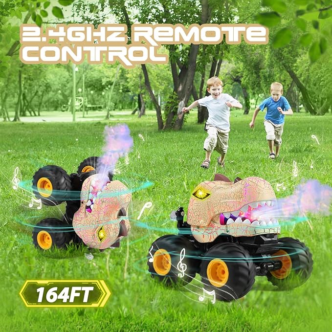 DYODYORC Remote Control Car, 2.4Ghz All Terrain Dinosaur Monster Truck Toys, RC Truck with Spay, Music, 3 Lighting Effects, Stunt Capable, Toy Gifts for Boys and Girls (Yellow)