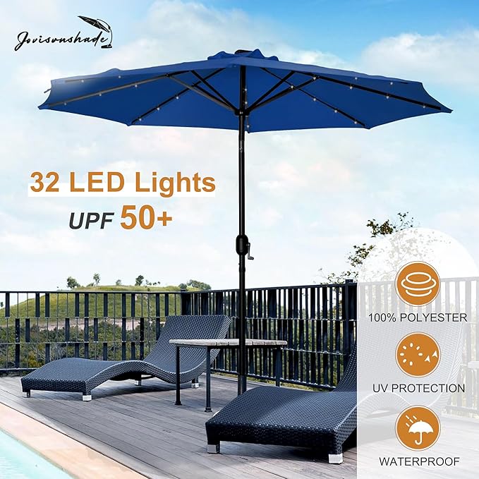 9FT LED Patio Umbrella, Solar Outdoor Umbrellas with LED Lights, Deck Umbrella with Push Button Tilt and Crank, UV Protection Waterproof for Pool, Porch, Garden, Deck, Backyard. (Royal Blue)
