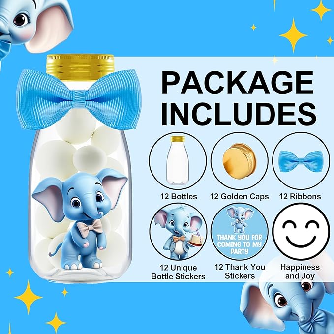 Small 12 Pack Blue Elephant Party Favors - Candy Jars with Ribbons and Stickers - DIY Party Decoration Bottles for Baby Shower, Birthday, Gender Reveal, and Classroom - Boy Table Centerpiece