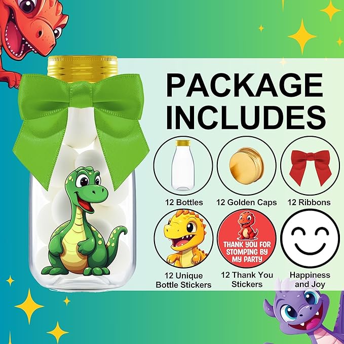 Small 12 Pack Dinosaur Party Favors - DIY Candy Jars with Ribbons and Stickers - Party Decoration Bottles for Birthday, Baby Shower and School Classroom - Dinosaur Table Centerpiece for Kids