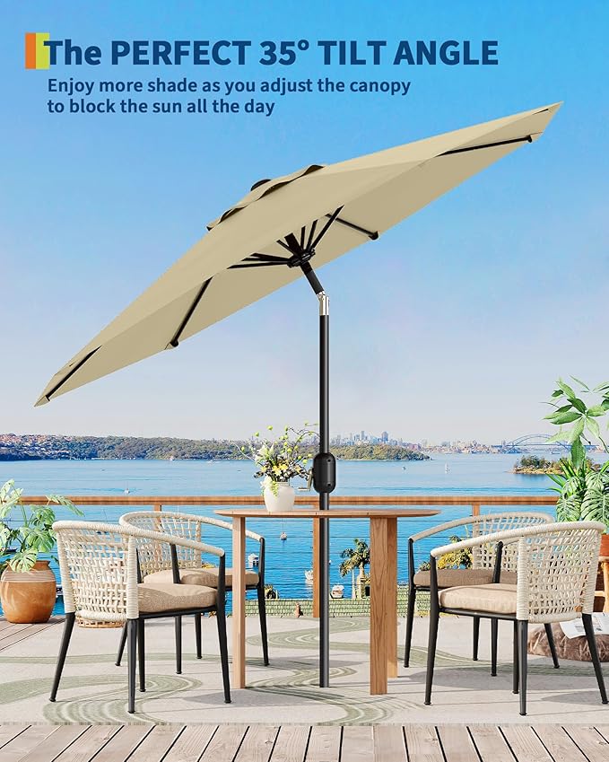 9FT Patio Umbrella Outdoor, Market Umbrella, Table Umbrella with Push Button Tilt and Crank, 8 Sturdy Ribs UV Protection Waterproof for Garden, Pool, Deck, Backyard (Beige)