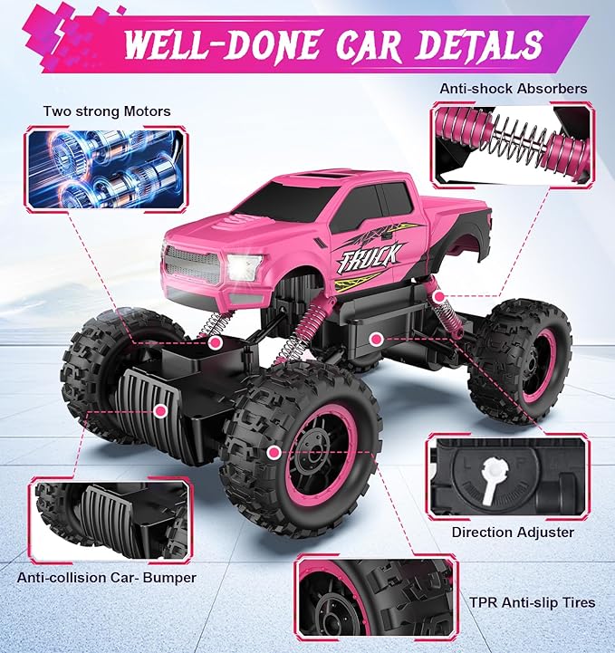 DOUBLE E Remote Control Car for Girls 1/12 Scale Monster Trucks Dual Motors Off Road RC Trucks, Girls Toys RC Crawler Vehicle Truck Toy, Birthday/Xmas Gift Ideas, Pink