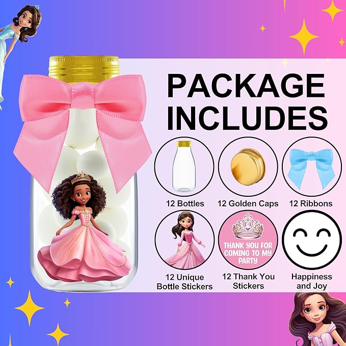 Small 12 Pack Princess Party Favors - DIY Candy Jars with Ribbons and Stickers - Party Decoration Bottles for Birthday, School Classroom, and Baby Shower for Girls - Table Centerpiece for Kids