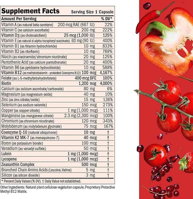 ANDREW LESSMAN Essential-1 Multivitamin 1000 IU Vitamin D3 60 Small Capsules – 100 mcg Methyl B12. CoQ10 Lutein Lycopene Zeaxanthin. High Potency. No Additives. Gentle Ultra-Mild. One Daily Capsule