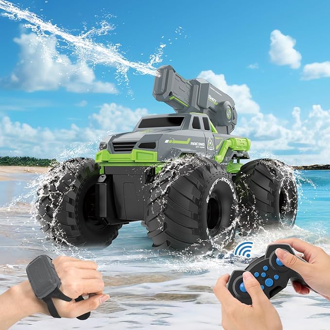 1:16 Amphibious Remote Control Car with Water Gun 4WD Gesture Sensing RC Car Boat Waterproof RC Truck Off-Road Stunt Car Toy for Kids/Adults Monster Truck for Outdoor Gift(with 2 Replaceable battery)