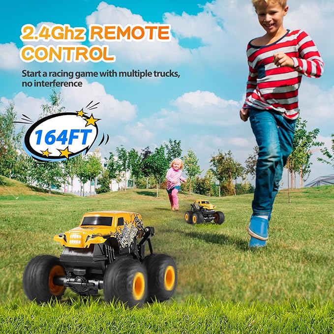 DYODYORC Remote Control Car, 2.4Ghz All Terrain Monster Truck Toys, RC Truck with Music, 3 Lighting Effects, 360 Stunt Capable, All Included Ready to Run, Toy Gifts for Boys and Girls (Yellow)