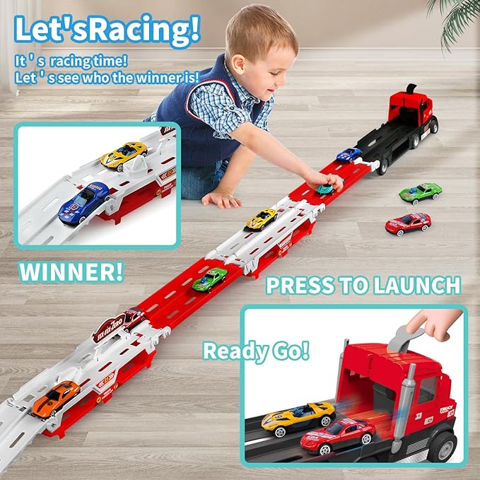 Carrier Truck Race Track Kids Toys, 4.6-FT Foldable Hauler Track Ejection Car Police Trucks Toy and 6 Racing Car with Light&Sounds, Truck Toy Child Xmas Gifts for 3+ Year Old Boys Girls-Red