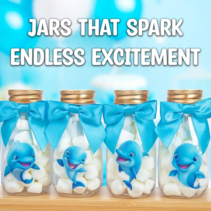 Small 12 Pack Dolphin Party Favors - DIY Candy Jars with Ribbons and Stickers - Party Decoration Bottles for Birthday, School Classroom, and Baby Shower - Dolphin Table Centerpiece for Kids