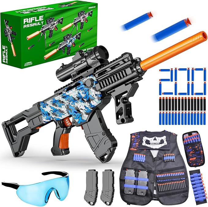 Toy Gun Automatic Sniper Rifle with Lanyard, Electric Realistic Toy Foam Blasters- 200 Darts, Tactical Vest Set, Scope and 2 Clips, Cool Toys for Kids Ages 8-12, Birthday Xmas Gifts for Boys Adults