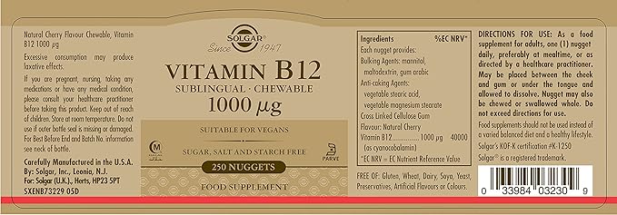 Solgar Vitamin B12 1000 mcg, 250 Nuggets - Supports Production of Energy, Red Blood Cells - Healthy Nervous System - Promotes Cardiovascular Health - Vitamin B - Non-GMO, Gluten Free - 250 Servings