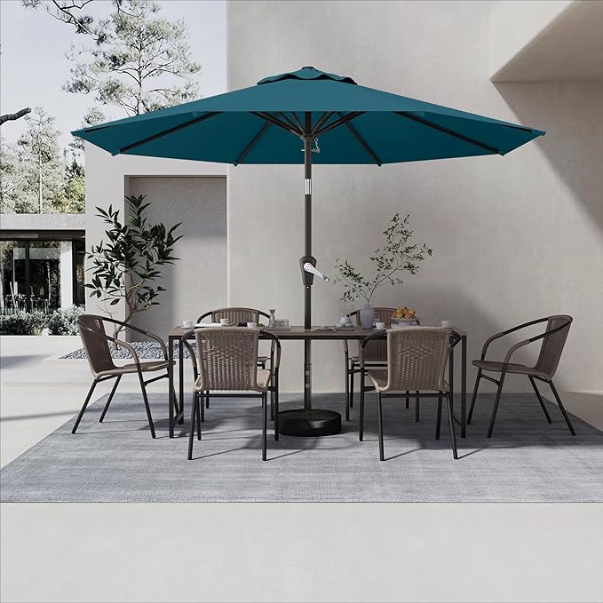 9 FT Patio Umbrella for Outdoor, Outdoor Umbrella with Push Button Tilt and Crank, Outdoor Patio Umbrellas with 8 Sturdy Ribs for Market, Garden, Deck, Backyard, Pool (Lake Blue)