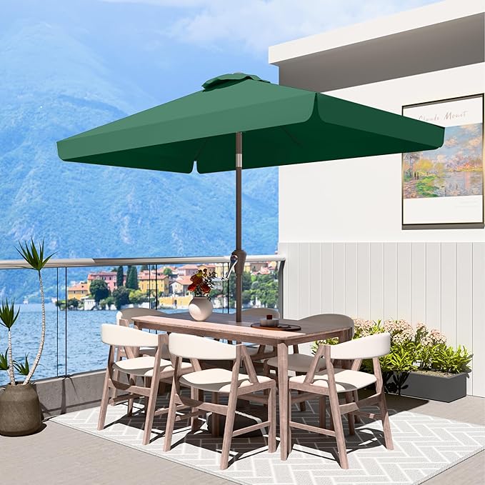6.5 * 10FT Rectangular Patio Umbrella Table Market Umbrella w/Tilt and Crank Outdoor Umbrellas for Garden, Deck, Backyard, Pool and Beach, Dark Green