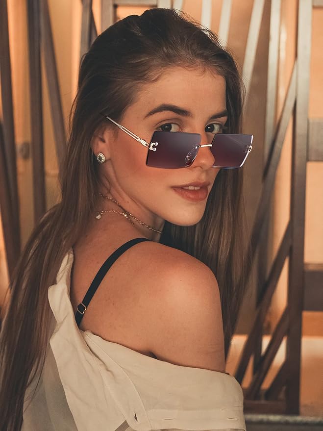 Frienda 4 Pairs Rimless Rectangle Sunglasses Frameless Square Glasses Vintage Transparent Eyewear for Women Men