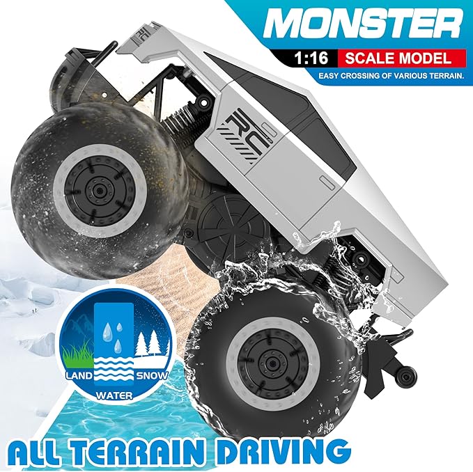 GoBang 1:16 Waterproof Rc Cars Cyber Toy Monster Truck Toys Amphibious Remote Control Car 4WD All Terrain Off-Road Trucks Pickup for 6 7 8 9 10 11 12 Year Old Boys Girls Gifts Presents