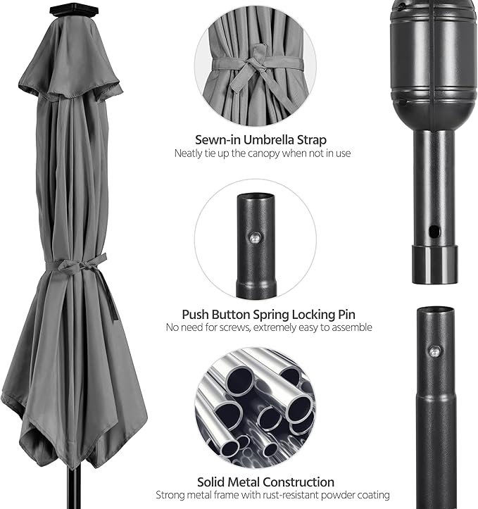 Yaheetech 7.5 ft Solar Patio Umbrella LED Lighted Umbrella with Tilt and Crank Lift System, Table Market Sunshade for Garden, Deck, Backyard, Pool and Beach, Grey