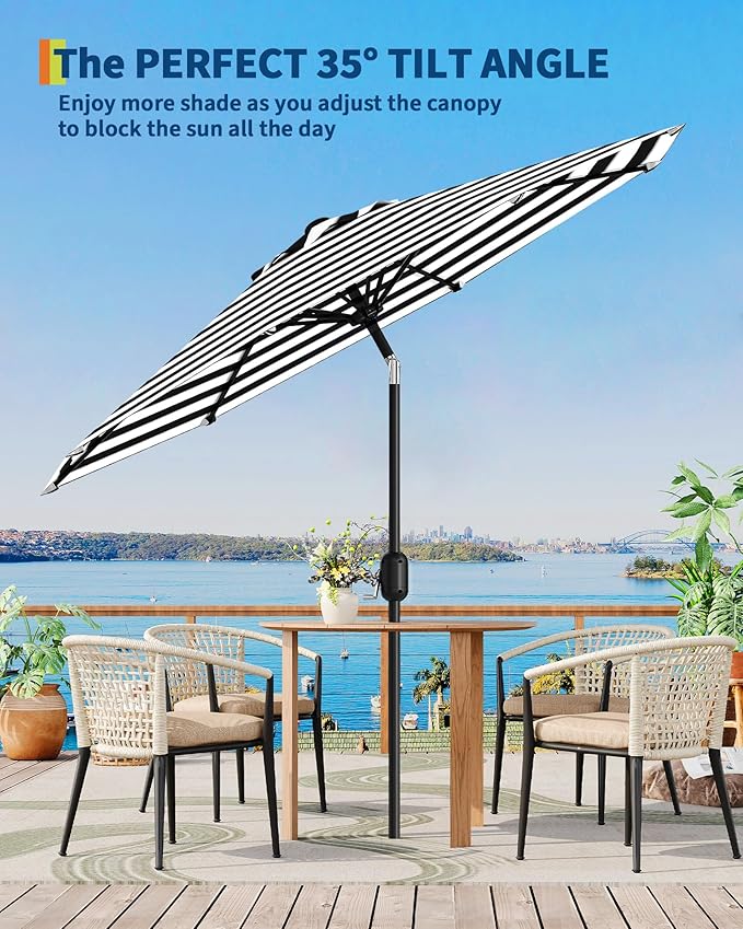 9FT Patio Umbrella Outdoor, Market Umbrella, Table Umbrella with Push Button Tilt and Crank, 8 Sturdy Ribs UV Protection Waterproof for Garden, Pool, Deck, Backyard (Black-and-white striped)