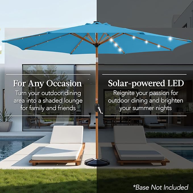 Best Choice Products 10ft Solar Market Patio Umbrella w/Woodgrain Pattern Pole, LED Lights, Tilt & Crank – Outdoor Sun Shade for Backyard Table, Deck, Poolside – Sky Blue