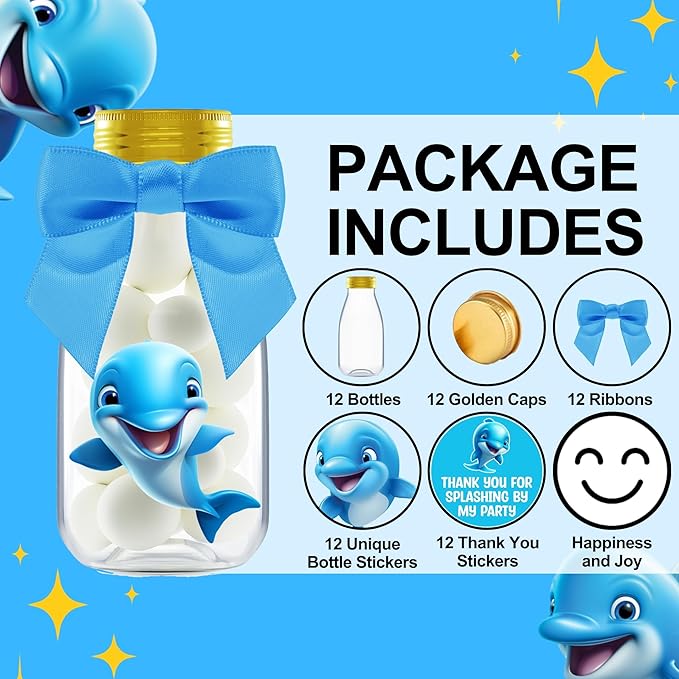 Small 12 Pack Dolphin Party Favors - DIY Candy Jars with Ribbons and Stickers - Party Decoration Bottles for Birthday, School Classroom, and Baby Shower - Dolphin Table Centerpiece for Kids